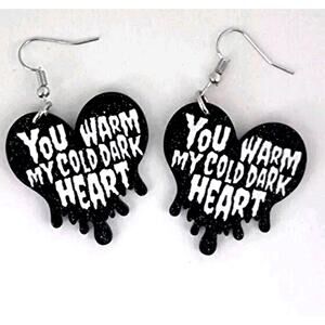 "You Warm My Cold Dark Heart" Black Glitter Dangle Drop Goth Earrings Whimsigoth